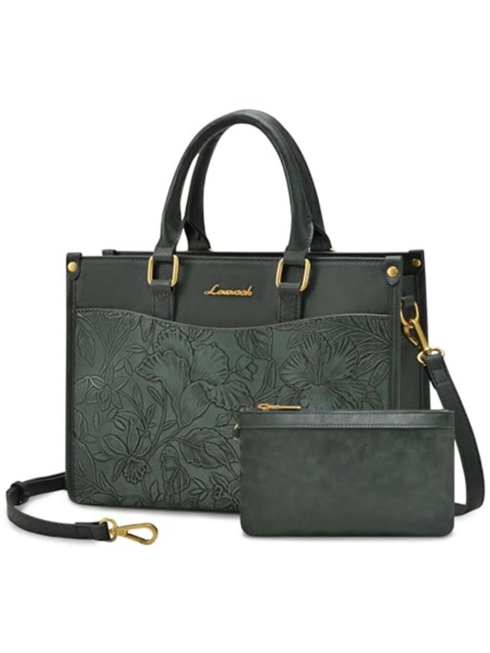 Women PU Leather Tote Satchel Shoulder Crossbody Handbag Green Embossed 2 Pcs